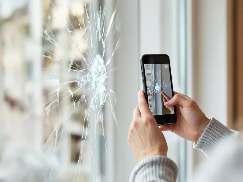 Personne photographiant une vitre fissurée pour la déclaration d'assurance — Clarté Vitrerie