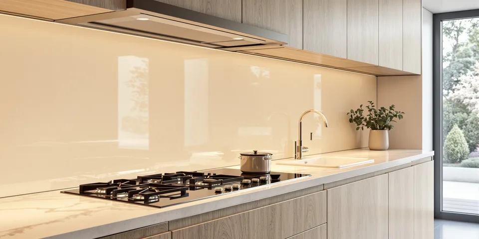 Cuisine design avec crédence en verre laqué sur tout le mur — Clarté Vitrerie