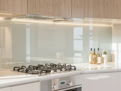 Crédence en verre clair derrière une cuisinière — Clarté Vitrerie