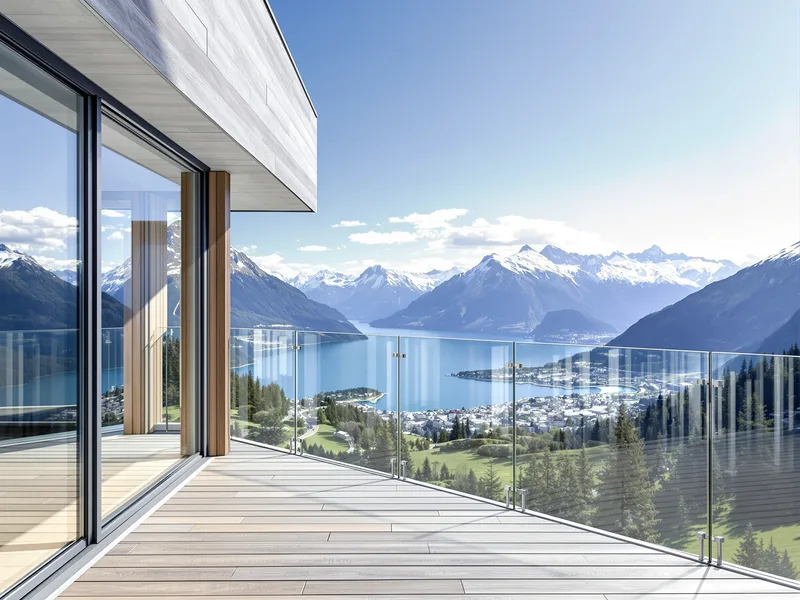 Garde-corps en verre sur un balcon avec vue lac et montagnes — Clarté Vitrerie