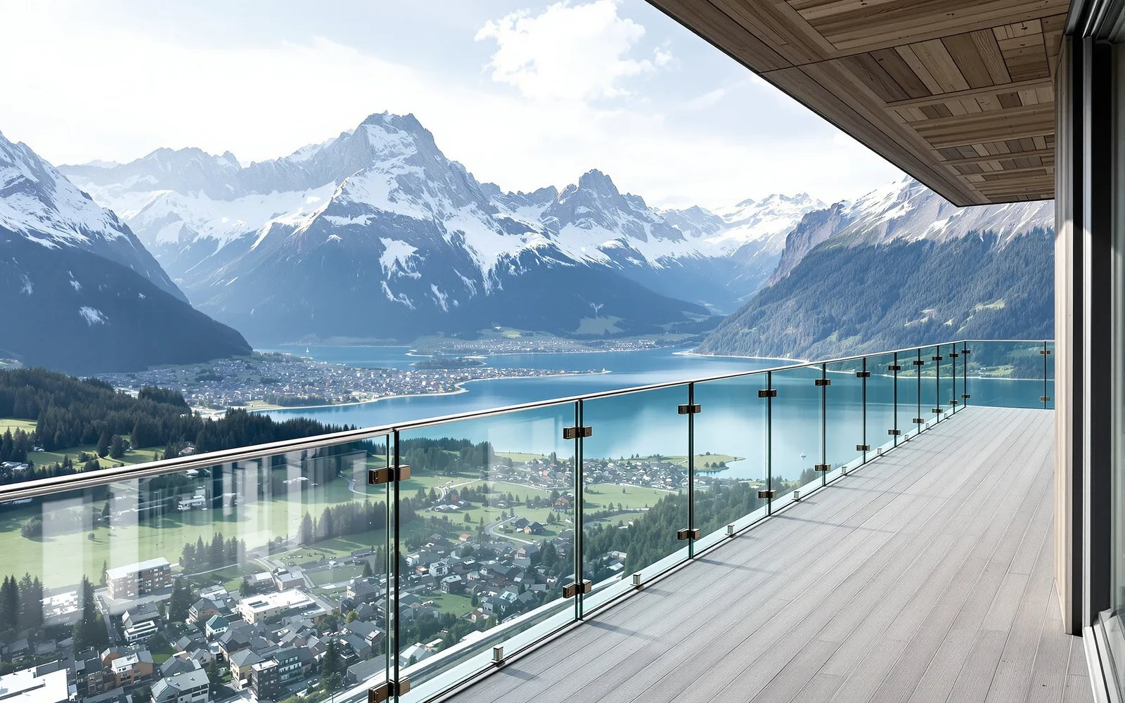Balcon avec garde-corps en verre vue lac et montagnes — Clarté Vitrerie