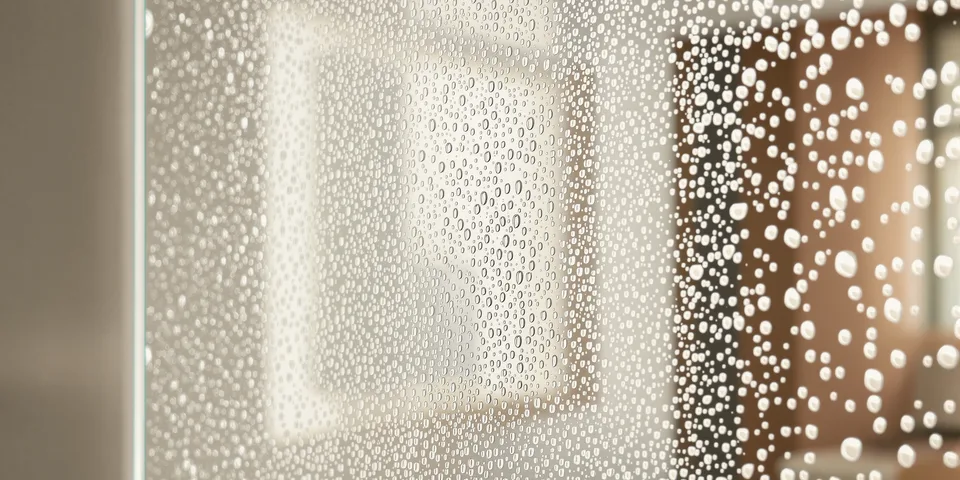 Gouttes d'eau perlant sur un verre traité anticalcaire — Clarté Vitrerie