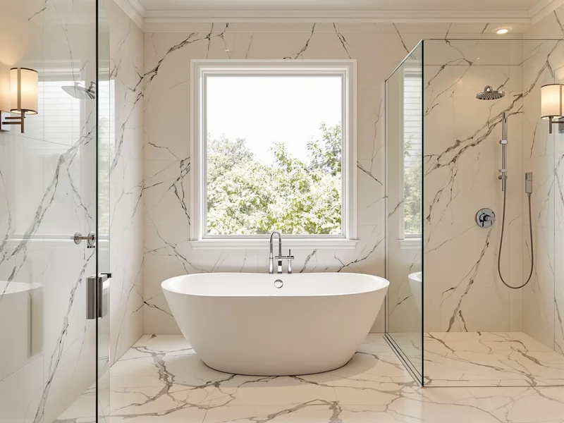 Salle de bains moderne avec grande paroi vitrée — Clarté Vitrerie
