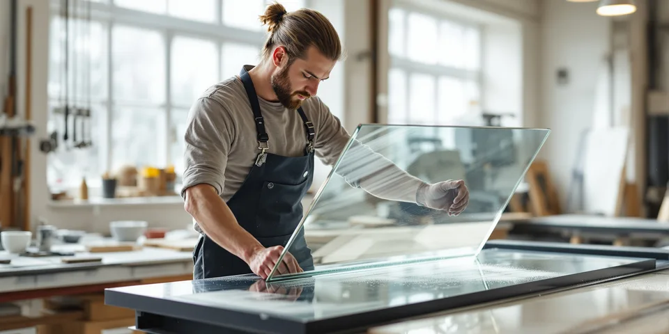 Artisan verrier remplaçant un vitrage avec précision — Clarté Vitrerie