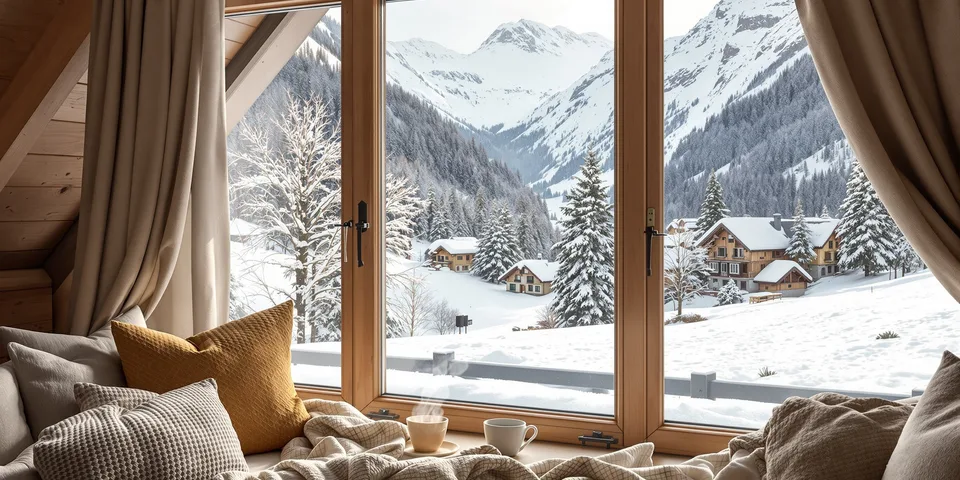 Intérieur chaleureux avec triple vitrage donnant sur paysage enneigé — Clarté Vitrerie