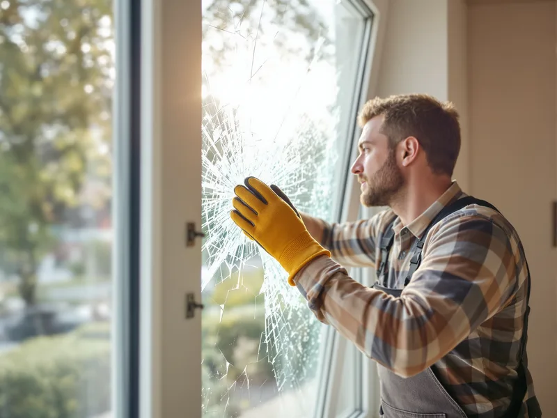 Artisan verrier sécurisant une fenêtre au vitrage brisé — Clarté Vitrerie