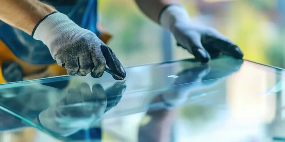 Artisan verrier mesurant une plaque de verre sur mesure — Clarté Vitrerie